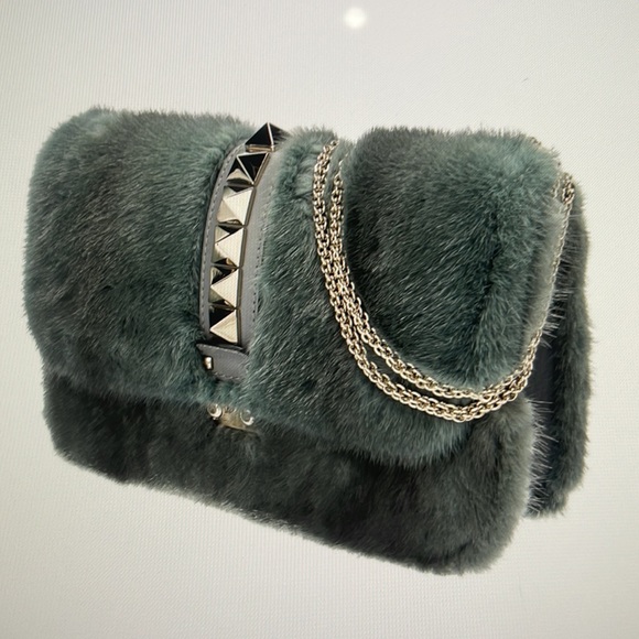 Valentino mink shoulder bag. Blue-green fur with gold tone hardware like nee - Picture 5 of 5